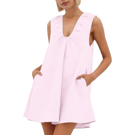 Wowcloth Women's Sleeveless V-Neck A-Line Dress with Pockets, Pleated Detail and Loose Fit for Casual Daily Wear