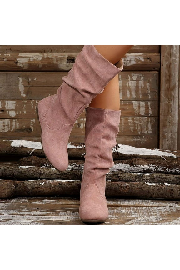 Women's Soft Suede Low Heel Mid Calf Boots | Comfortable Fall Outdoor Footwear with Side Zipper & Non-Slip Sole - Flat Boots,slouch boots for women