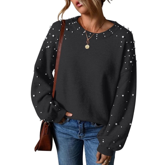 Wowcloth Women's Solid Color Beaded Round Neck Lantern Sleeve Pullover Sweater, Casual Loose Fit Knit Top for Daily Wear