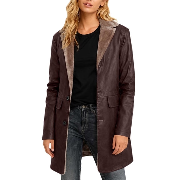 Wowcloth Women's Solid Color Button Front Long Sleeve Lapel Collar Leather Jacket with Pockets, Classic Style for Daily Wear and Travel