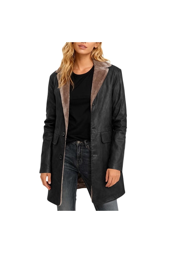 Women's Solid Color Button Front Long Sleeve Lapel Collar Leather Jacket with Pockets, Classic Style for Daily Wear and Travel