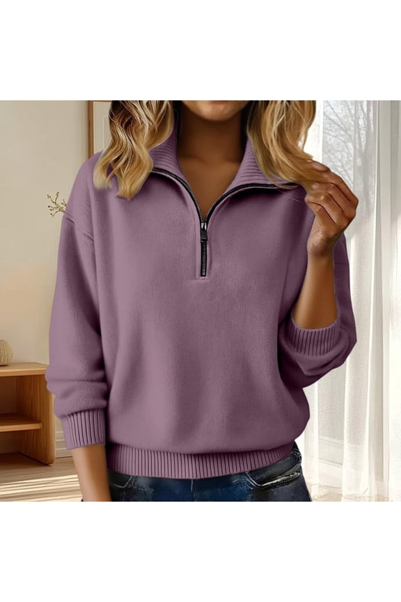 Women's Solid Color Half Zip Turtleneck Long Sleeve Sweater, Warm Knit Pullover for Fall Winter Casual Daily Wear