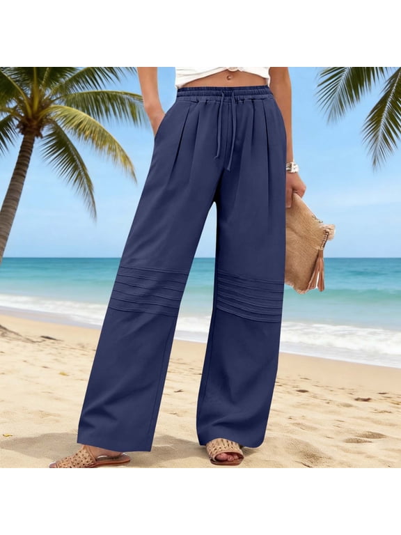 Women's Solid Color Linen-Cotton Beach Pants with Drawstring Waist and Knee Pleats Pockets, Casual Fashionable Straight Leg for Travel and Daily Wear