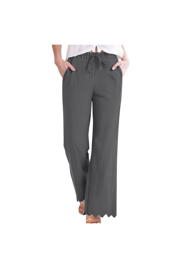 Women's Solid Color Linen Cotton Pants with Pockets, Breathable for Casual Wear