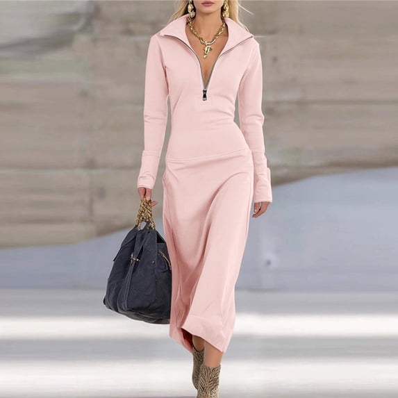 Wowcloth Women's Solid Color Long Sleeve Lapel Collar Slim Fit Casual Long Dress for Daily Wear