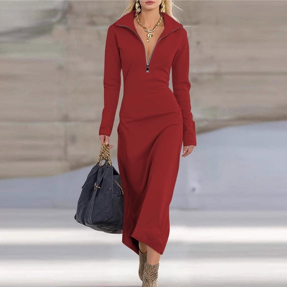 Wowcloth Women's Solid Color Long Sleeve Lapel Collar Slim Fit Casual Long Dress for Daily Wear