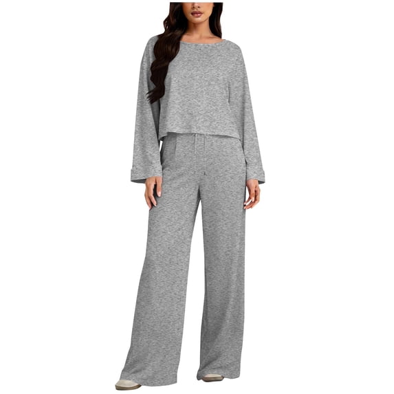 Wowcloth Women's Solid Color Loose Fit Round Neck Long Sleeve Top and Drawstring Pants Set with Pockets, Comfortable Casual Outfit for Daily Wear and Lounge