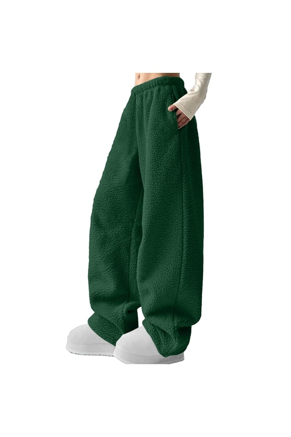 Women's Solid Color Pants with Pockets, Lamb Wool, Autumn and Winter Casual Pants, Fashionable Pants