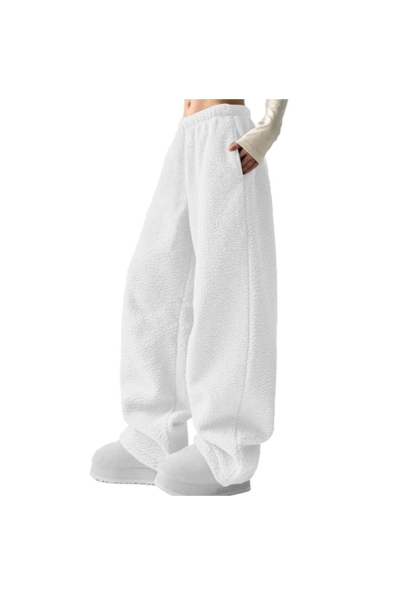 Women's Solid Color Pants with Pockets, Lamb Wool, Autumn and Winter Casual Pants, Fashionable Pants