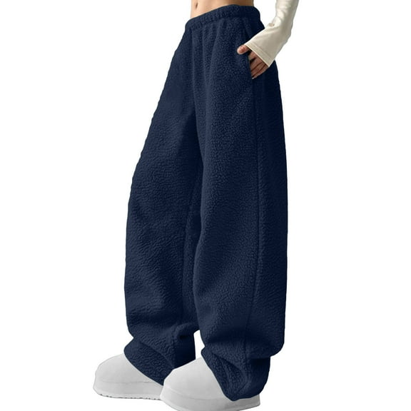 Wowcloth Women's Solid Color Pants with Pockets, Lamb Wool, Autumn and Winter Casual Pants, Fashionable Pants