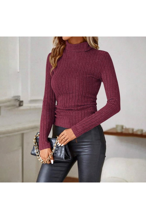 Women's Solid Color Ribbed Brushed High Neck Long Sleeve Pullover Top for Casual Everyday Wear