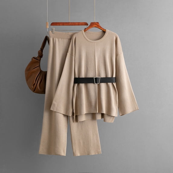 Wowcloth Women's Solid Color Round Neck Long Sleeve Sweater with Belt and Split Design, Two-Piece Knit Set