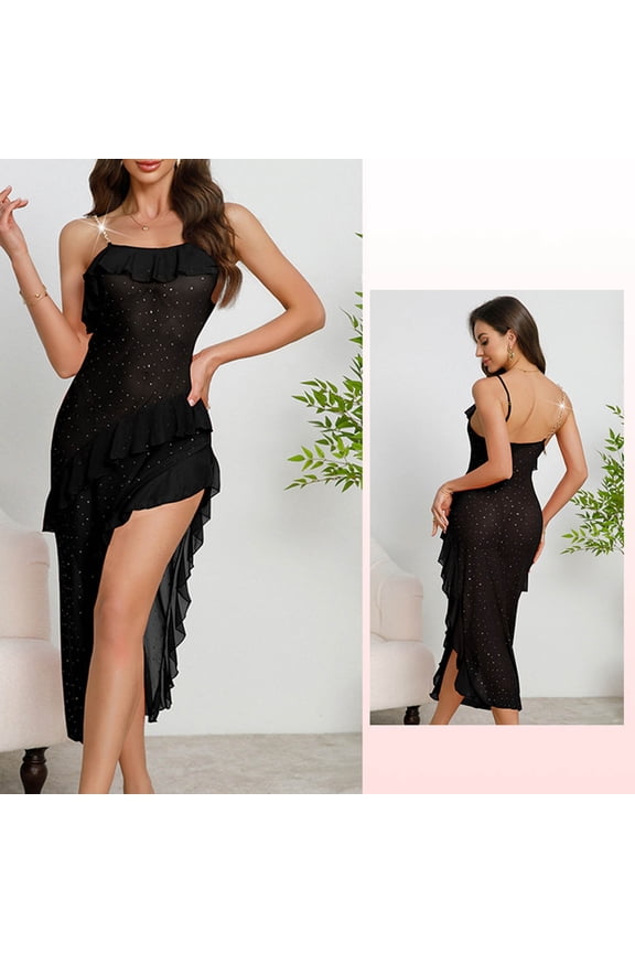Women's Solid Color Slip Dress with Mesh Sequins, Ruffle Asymmetrical Hem, Sleeveless Sheer Lingerie Nightdress for Sleep and Seductive Wear