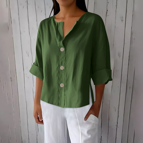 Wowcloth Women's Solid Color V - neck 3/4 Sleeve Linen - like Loose Top with Decorative Buttons