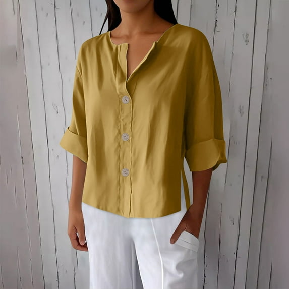 Wowcloth Women's Solid Color V - neck 3/4 Sleeve Linen - like Loose Top with Decorative Buttons