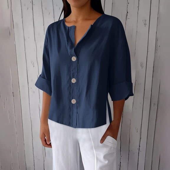Wowcloth Women's Solid Color V - neck 3/4 Sleeve Linen - like Loose Top with Decorative Buttons