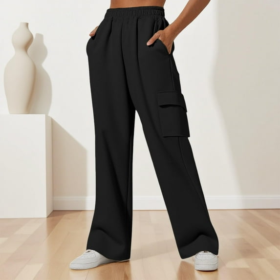 Wowcloth Women's Solid Color Wide Leg Pants - Loose Fit Workwear with Elastic Waist and Cargo Pockets