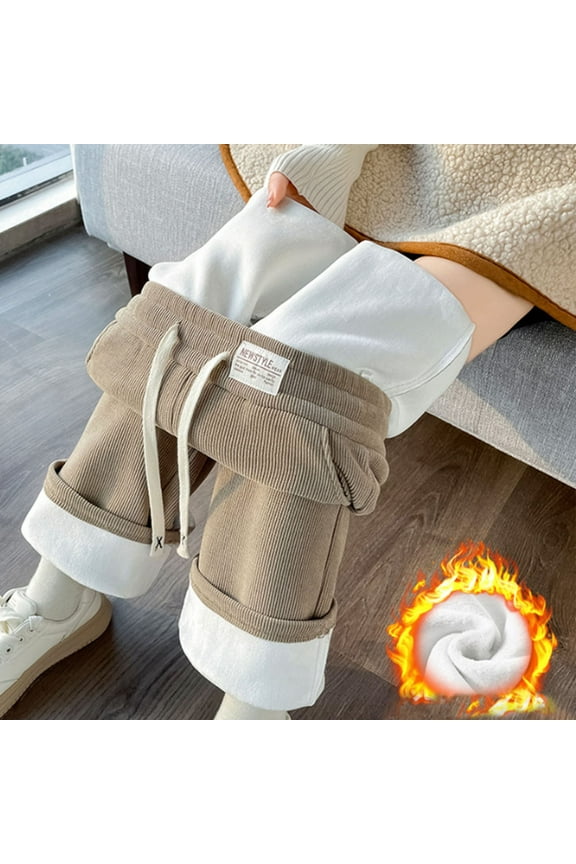 Women's Solid Color Wide Leg Pants with Pockets and Drawstring Waist - Warm and Cozy Thick Cotton Trousers