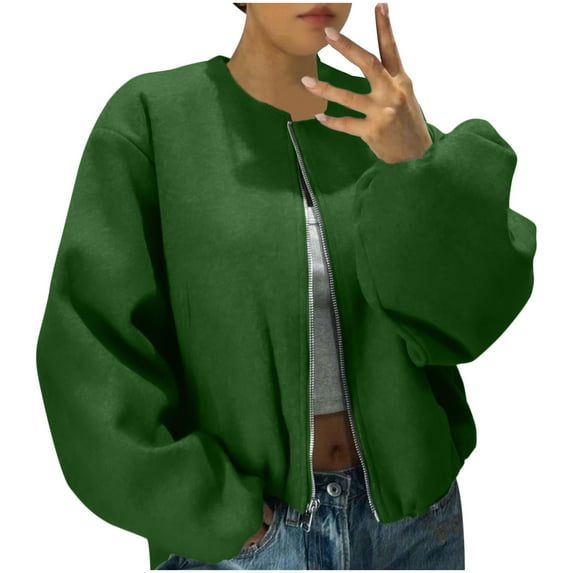 Wowcloth Women's Solid Color Zipper Dual Pockets Long Sleeve Casual Jacket - Non-Hooded Drawstring Hem for Everyday Wear & Outdoor Activities