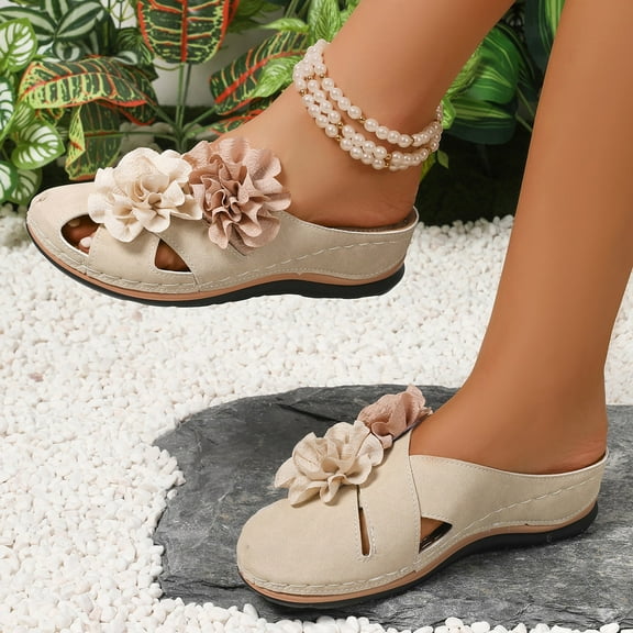 Wowcloth Women's Spring Casual Beach Sandals – Trendy Floral Embellished Slip-On with Thick Sole for Versatile Styling and Outdoor Comfort,Plus Size