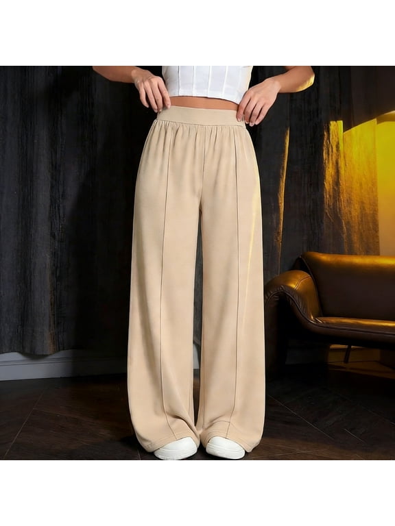 Women's Straight Leg Pants, Solid Color with Elastic Waistband and Pockets, Versatile for Casual and Daily Wear