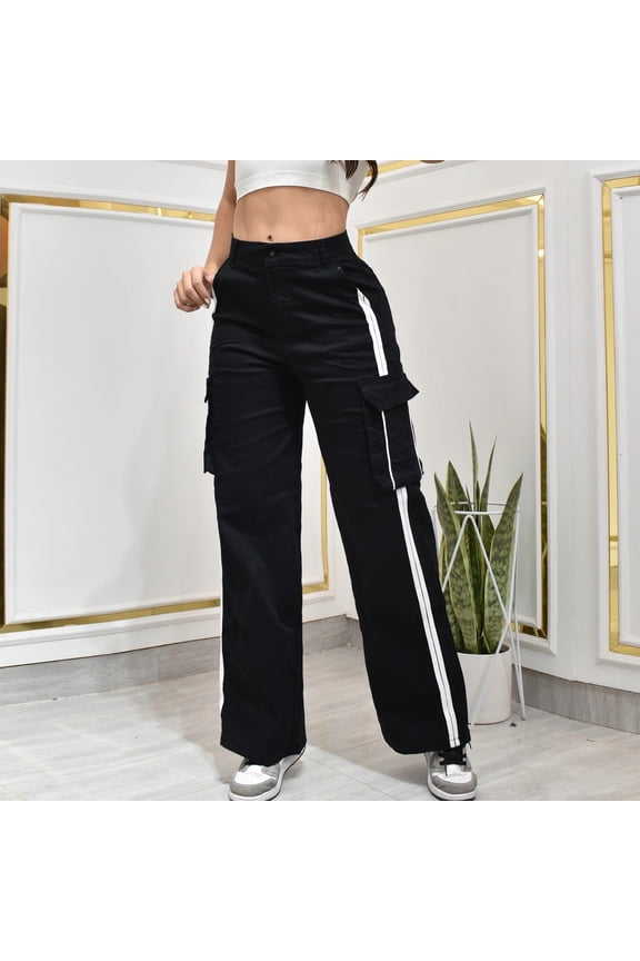 Women's Straight Leg Pants, Striped Patchwork with Side Pockets, Relaxed Fit for Everyday Wear and Travel