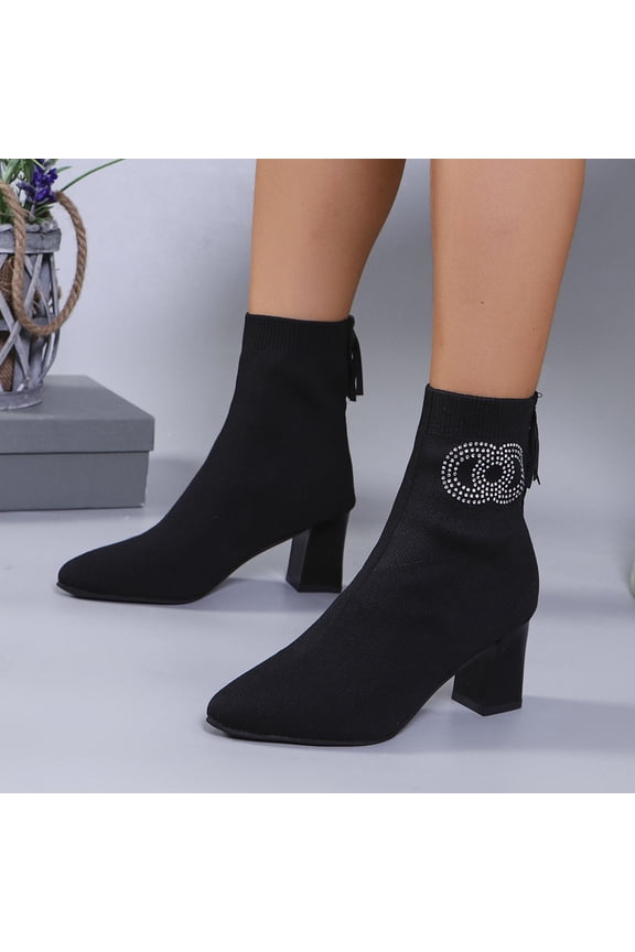 Women's Stretchy Sock Boots – Fashionable Winter Ankle Booties with Thick High Heel & Pointed Toe Design for Casual Outfits