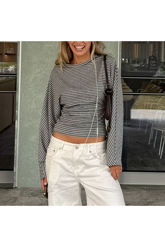 Women's Striped Bell Sleeve Knit Top, Round Neck with Cinched Waist for Casual and Daily Wear