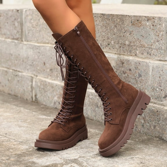 Wowcloth Women's Suede Riding Boots - High Shaft Lace-Up Platform with Mid Heel, Retro British Style Autumn Winter Fashion Boots