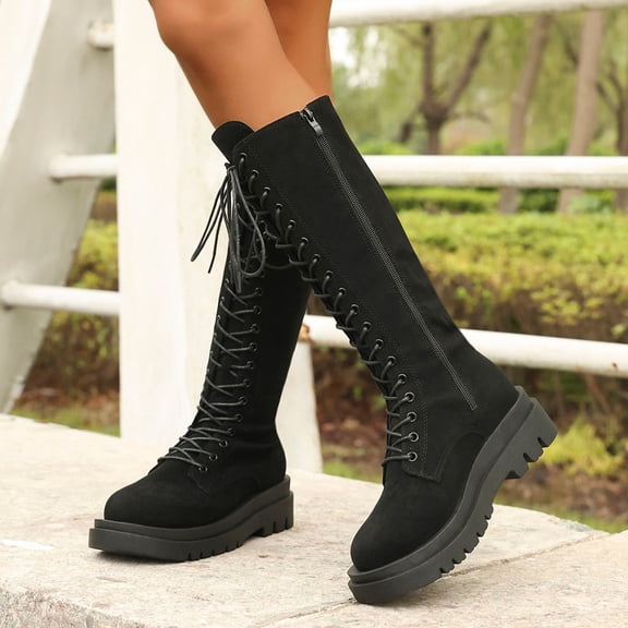 Wowcloth Women's Suede Riding Boots - High Shaft Lace-Up Platform with Mid Heel, Retro British Style Autumn Winter Fashion Boots