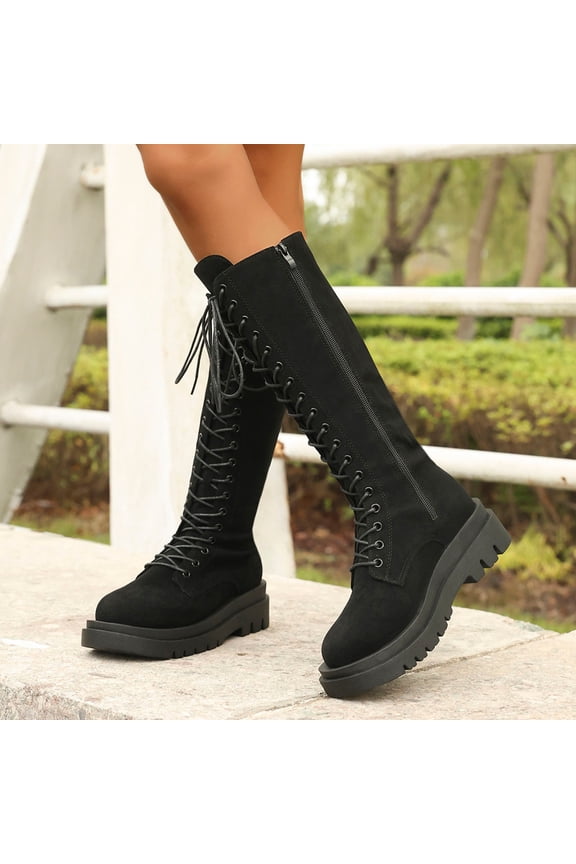 Women's Suede Riding Boots - High Shaft Lace-Up Platform with Mid Heel, Retro British Style Autumn Winter Fashion Boots