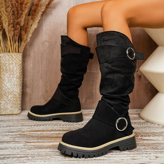 Wowcloth Women's Suede Round Toe Thick Sole Boots – Comfortable Versatile Buckle Decoration with Plush Lining for Warmth, Casual and Everyday Fashion Wear