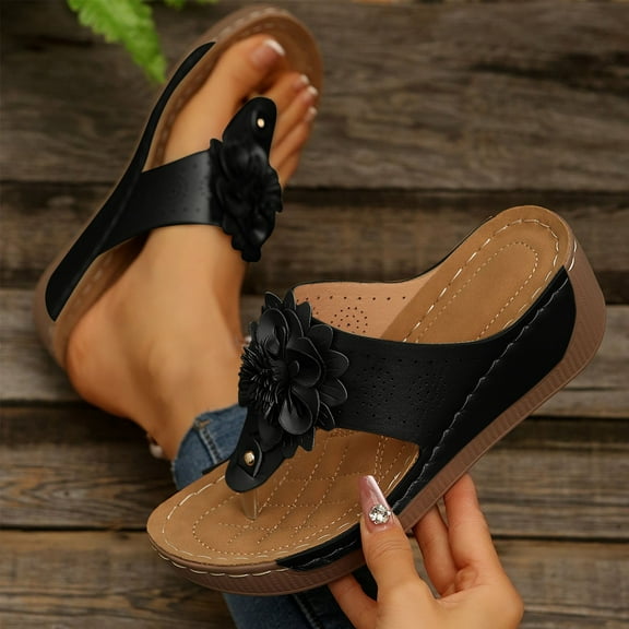 Wowcloth Women's Summer Fashion Casual Flip Flops – Floral Toe Post Wedge Heel with Thick Sole Style for Beachwear & Outdoor Slides,Plus Size