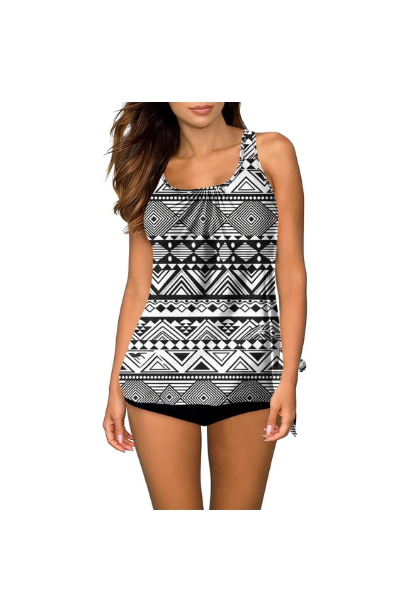 Women's Tankini Swimsuit, Round Neck Printed with Adjustable Back Closure, Two-Piece Set with Soft Padded Bra (No Underwire) for Swimming, Beach, and Vacation
