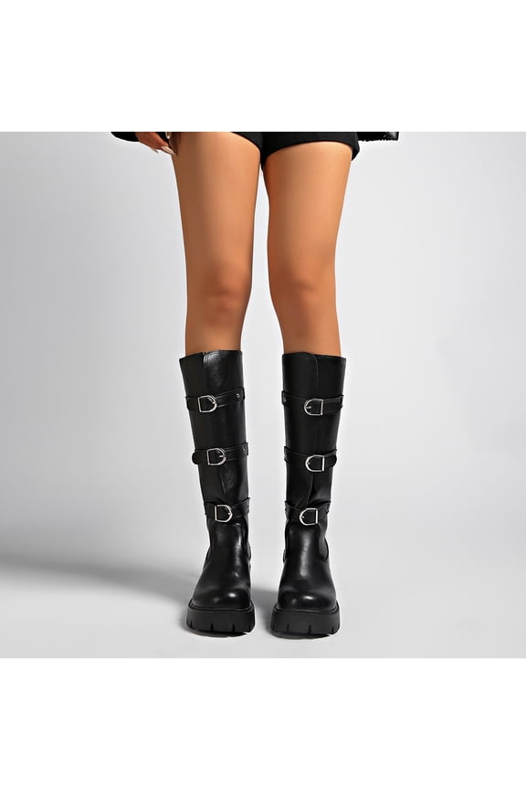 Women's Thermal Winter Knee-High Boots – Fashion Casual Multi-Buckle Design with Chunky Heel & Platform for Cold-Weather Comfort and Stylish Outfits