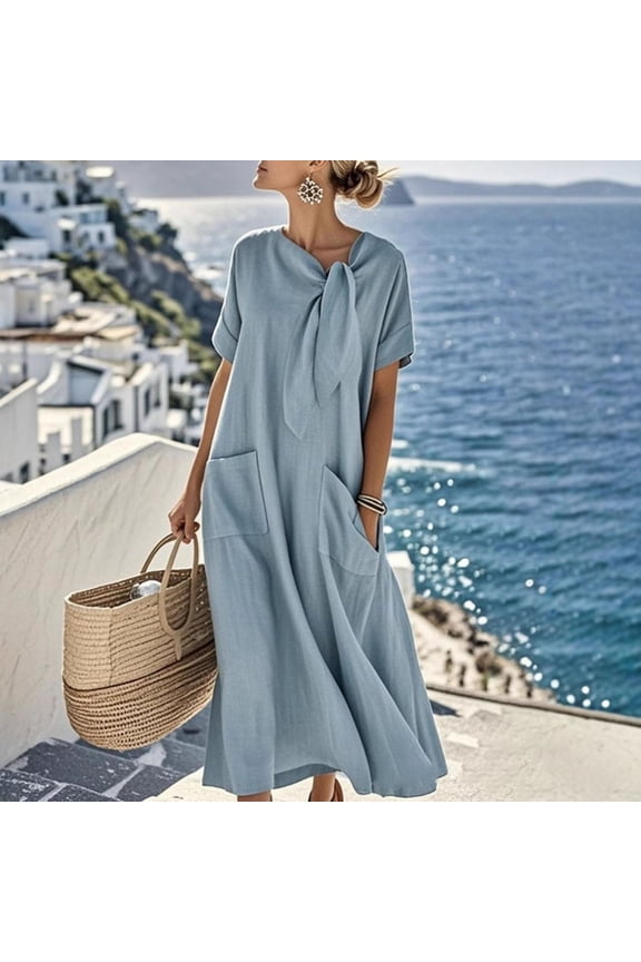 Women's Tie-Neck Maxi Dress with Short Sleeves, Loose Fit, Solid Color, Pockets for Casual and Daily Wear