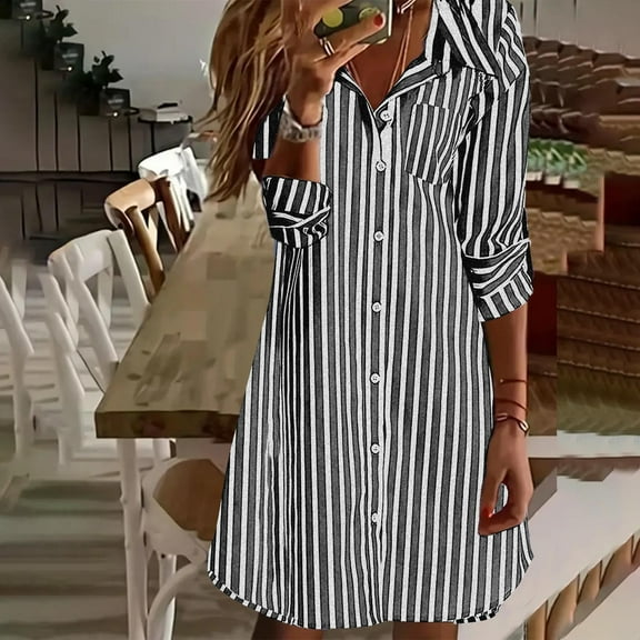 Wowcloth Women's Turn-down Collar Long Sleeve Casual Stripe Shirt Style Knee-high Dress