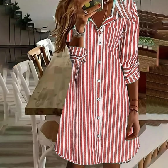 Wowcloth Women's Turn-down Collar Long Sleeve Casual Stripe Shirt Style Knee-high Dress