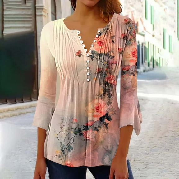 Wowcloth Women's V-Neck 3/4 Lace Sleeve Pleated Button Casual Print Blouse
