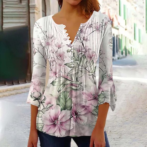 Wowcloth Women's V-Neck 3/4 Lace Sleeve Pleated Button Casual Print Blouse