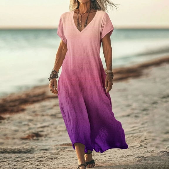 Wowcloth Women's V-Neck Long Skirt Printed Ruffled Short-Sleeved Dress Split Dress