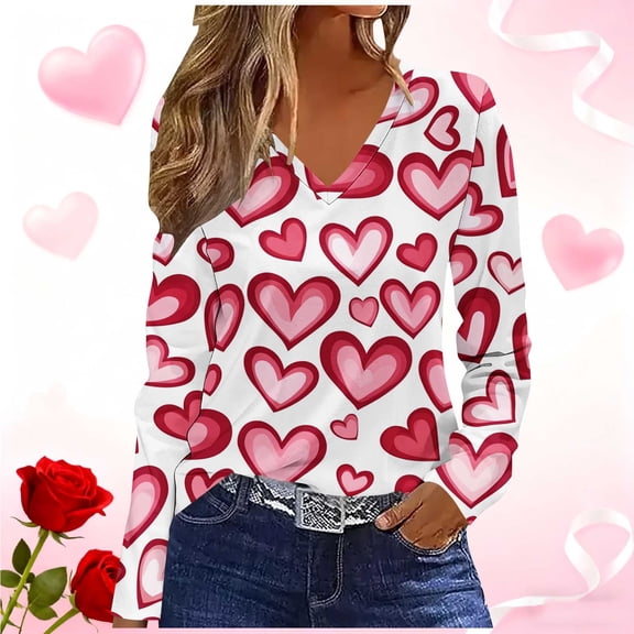 Wowcloth Women's V-Neck Long Sleeve T-Shirt with All-Over Valentine's Day Print, Pullover Loose Fit Casual Fashion for Daily Wear and Romantic Wears