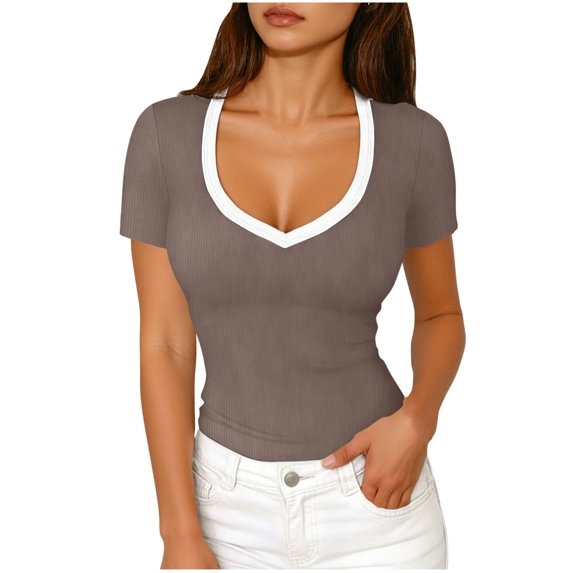 Wowcloth Women's V-Neck Pullover Top, Solid Color Patchwork with Short Sleeve, Fashionable and Comfortable for Daily Wear and Casual Activities