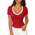 thumbnail image 1 of Wowcloth Women's V-Neck Pullover Top, Solid Color Patchwork with Short Sleeve, Fashionable and Comfortable for Daily Wear and Casual Activities, 1 of 5