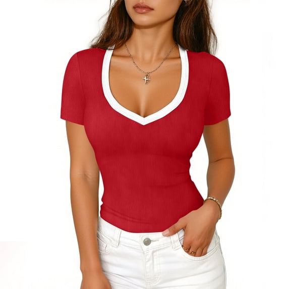 Wowcloth Women's V-Neck Pullover Top, Solid Color Patchwork with Short Sleeve, Fashionable and Comfortable for Daily Wear and Casual Activities