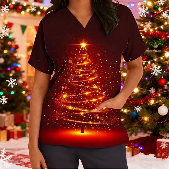 Wowcloth Women's V-Neck Short Sleeve Top, Christmas Print with Functional Pockets, Breathable Nursing Uniform Shirt for Work and Daily Wear