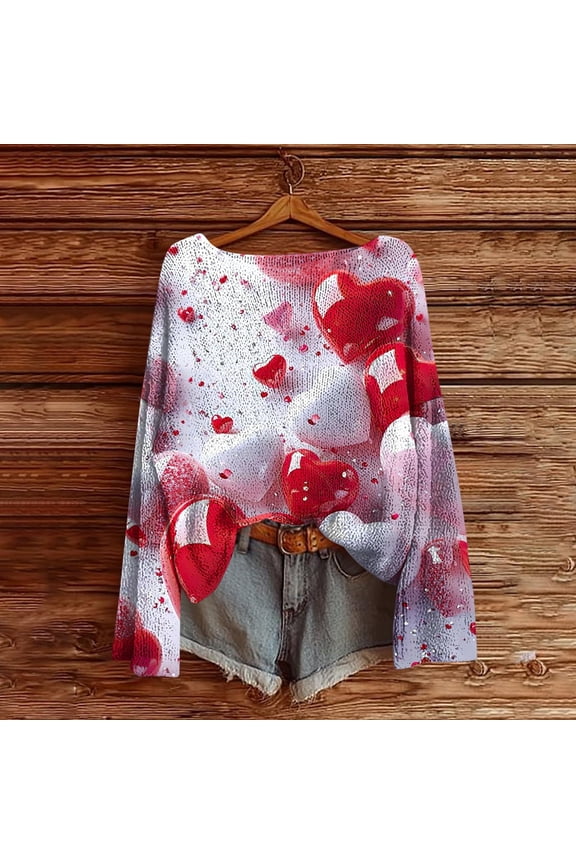 Women's Valentine Print Long Sleeve Round Neck Sweatshirt, Cotton Knit Pullover for Fall Winter Casual Wear