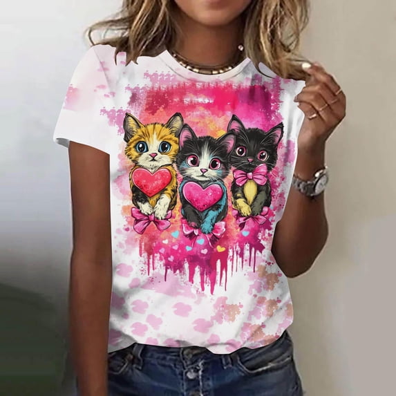 Wowcloth Women's Valentine's Day Heart Print Short Sleeve Round Neck Top for Romantic Wears and Daily Wear