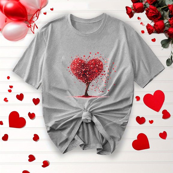 Wowcloth Women's Valentine's Day T-shirt, Round Neck Short Sleeve with Heart Print, Casual Comfortable for Gift, Dating and Everyday Wear