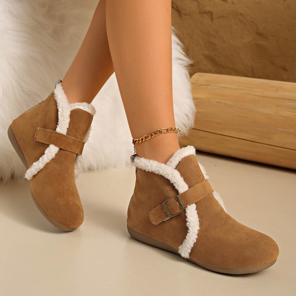 Wowcloth Women's Vintage Fashion Casual Sneakers - Plush Lined Slip-Resistant Winter Shoes with Fuzzy Buckle Detailing for Cozy Indoor/Outdoor Wear